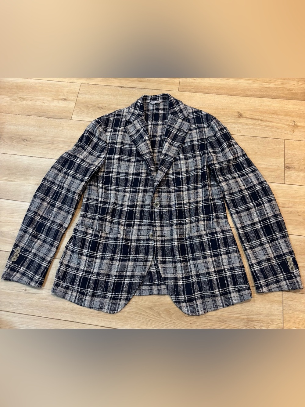 Fradi EU 52 / US 42 Blue Plaid Print Blazer Jacket Made in Italy Linen Blend
